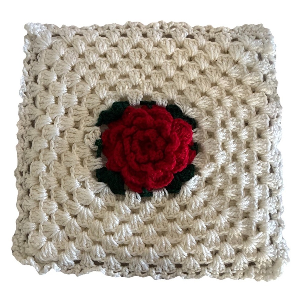 Vintage Pillow Case White Crochet Rose Appliqué Throw Pillow 14x14" Handmade NEW